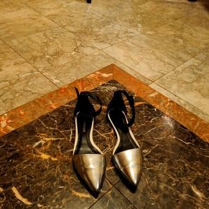 Leather metallic silver ankle strap flats SZ8